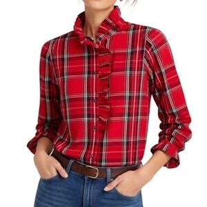 J.Crew Ruffle Plaid Shirt Womens 8 Red Organic Stewart Tartan Cotton Blouse